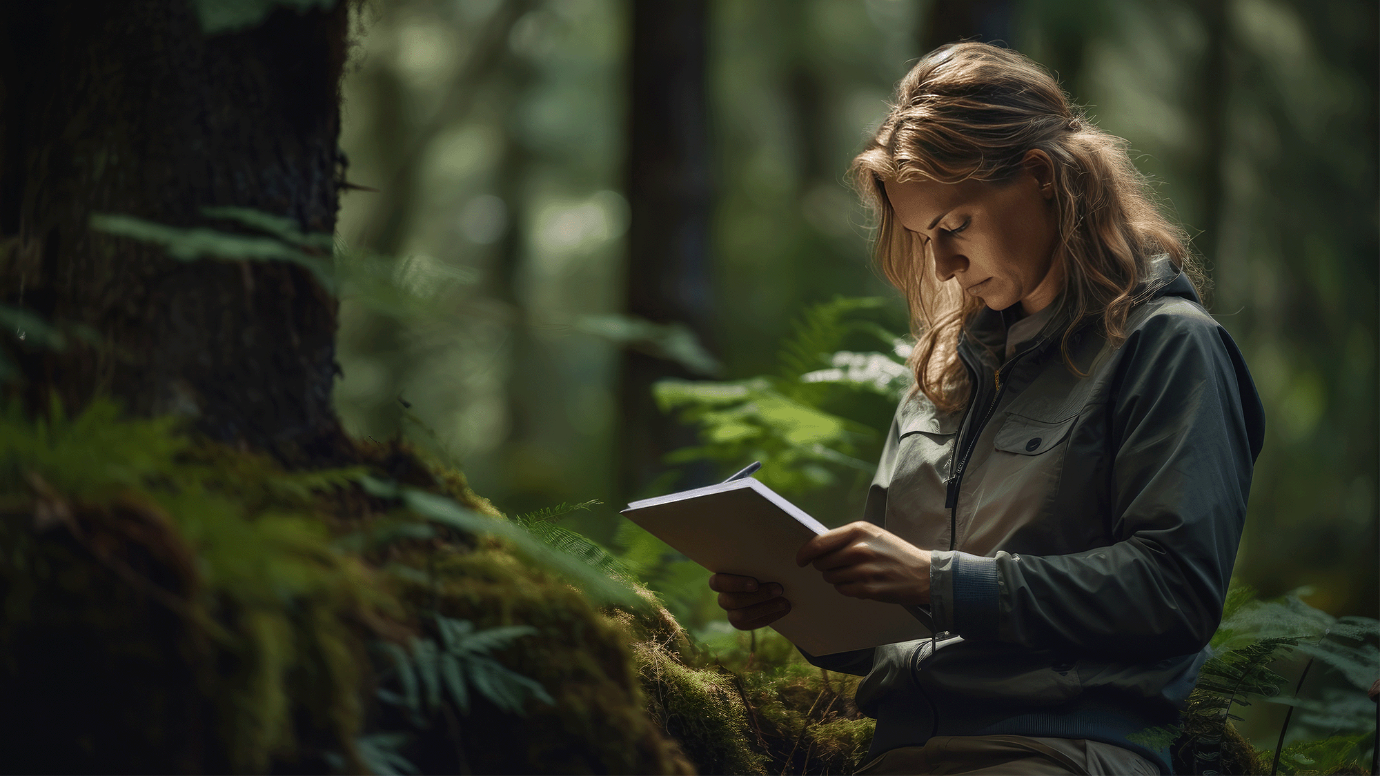 Uma mulher em plena natureza olhando para seu tablet